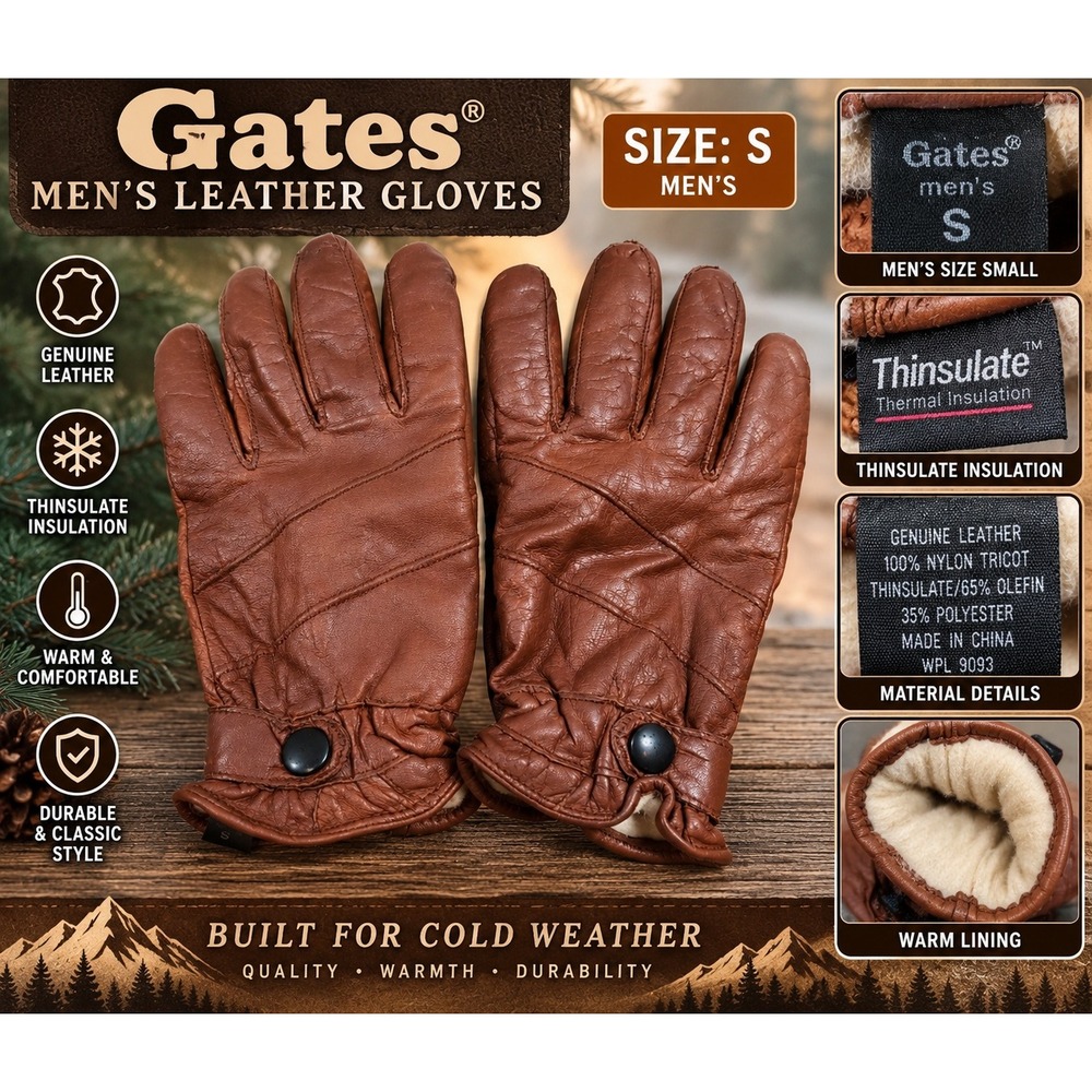 Gates Mens Brown Genuine Leather Thinsulate Thermal Insulated Gloves Size S